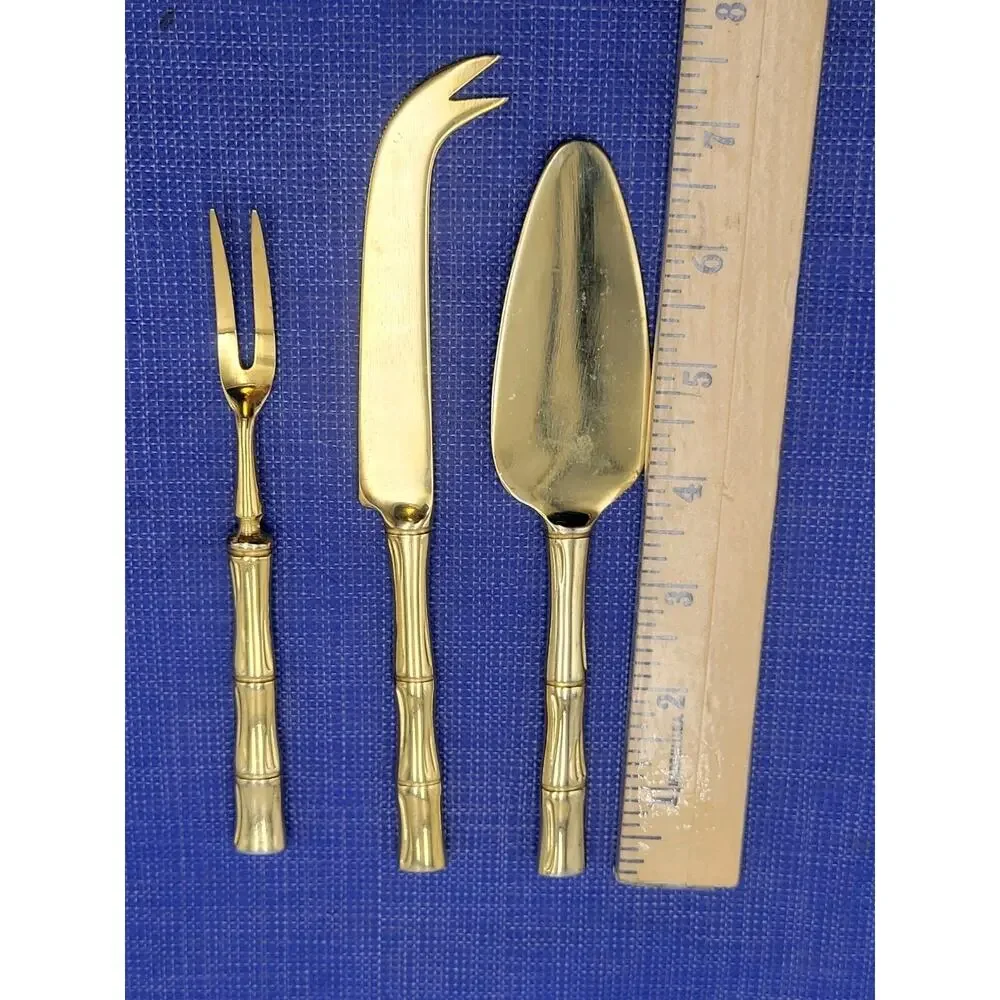 Vtg Gold Cane 3-Piece Cheese Serving Set Gold Electroplate Bamboo Design